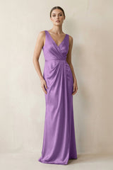 V - Neck Satin Ruched Sheath Bridesmaid Dress in Wisteria - KISS BRIDAL Bridesmaid Dresses