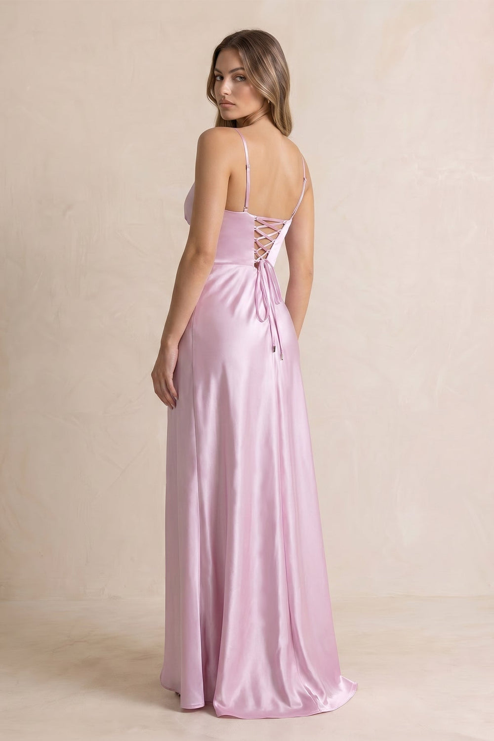 V Neck Satin Sheath Prom Dress With Slit in Lavender - KISS BRIDAL PROM DRESSES