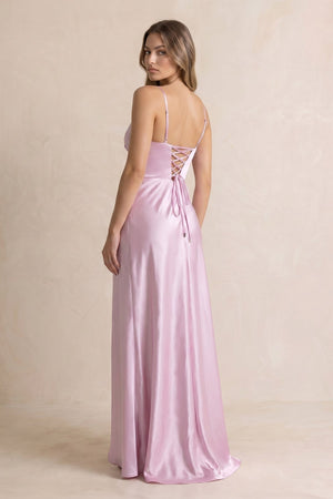 V Neck Satin Sheath Prom Dress With Slit in Lavender - SHE IS ME PROM DRESSES