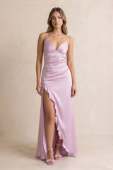 V Neck Satin Sheath Prom Dress With Slit in Lavender - KISS BRIDAL