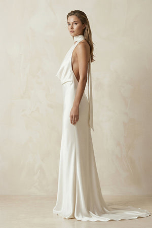 V - Neck Satin Sheath Wedding Dress With Side Slit in Ivory - SHE IS ME Wedding Dresses