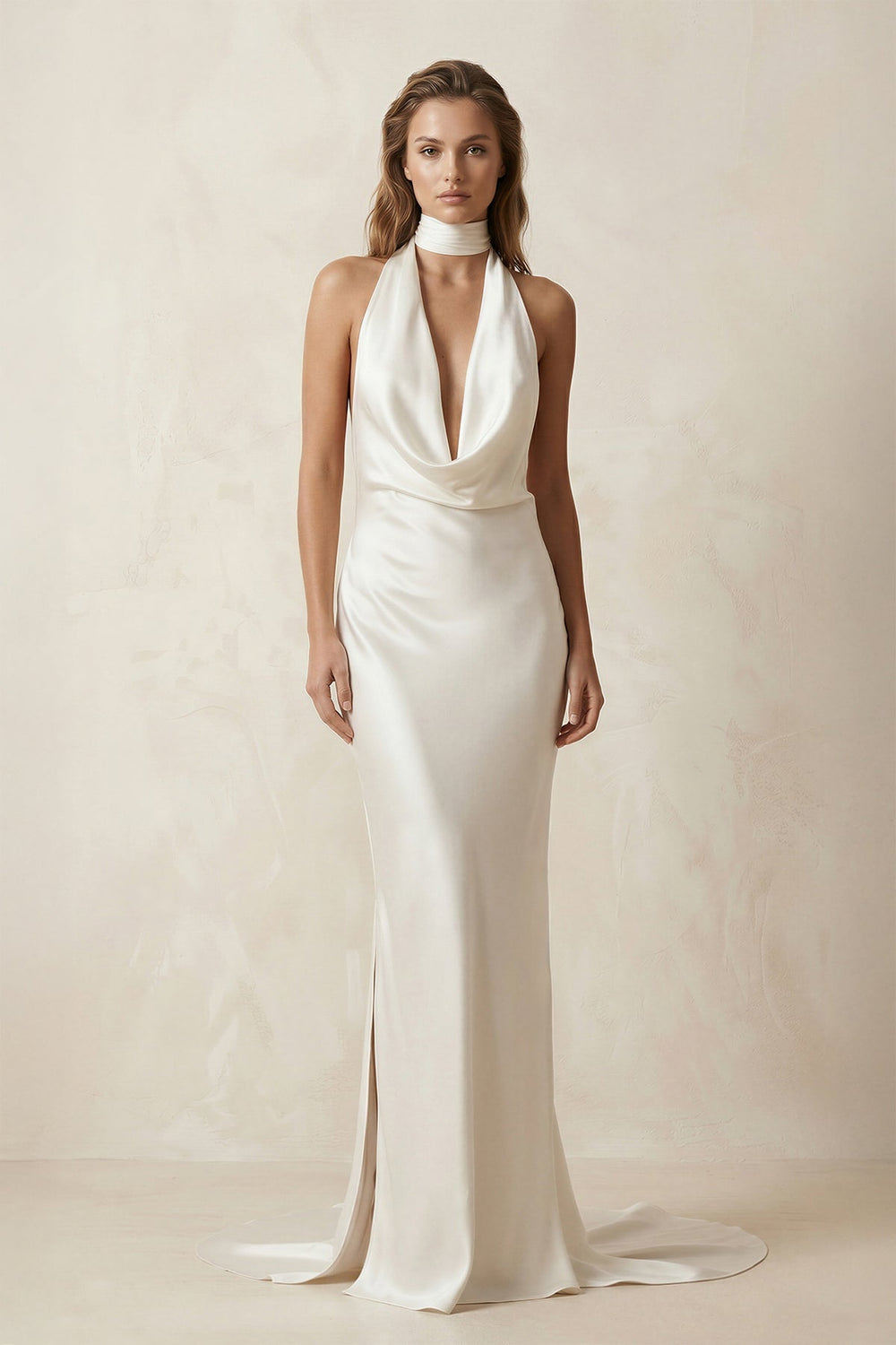 V - Neck Satin Sheath Wedding Dress With Side Slit in Ivory - KISS BRIDAL Wedding Dresses