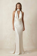 V - Neck Satin Sheath Wedding Dress With Side Slit in Ivory - SHE IS ME Wedding Dresses