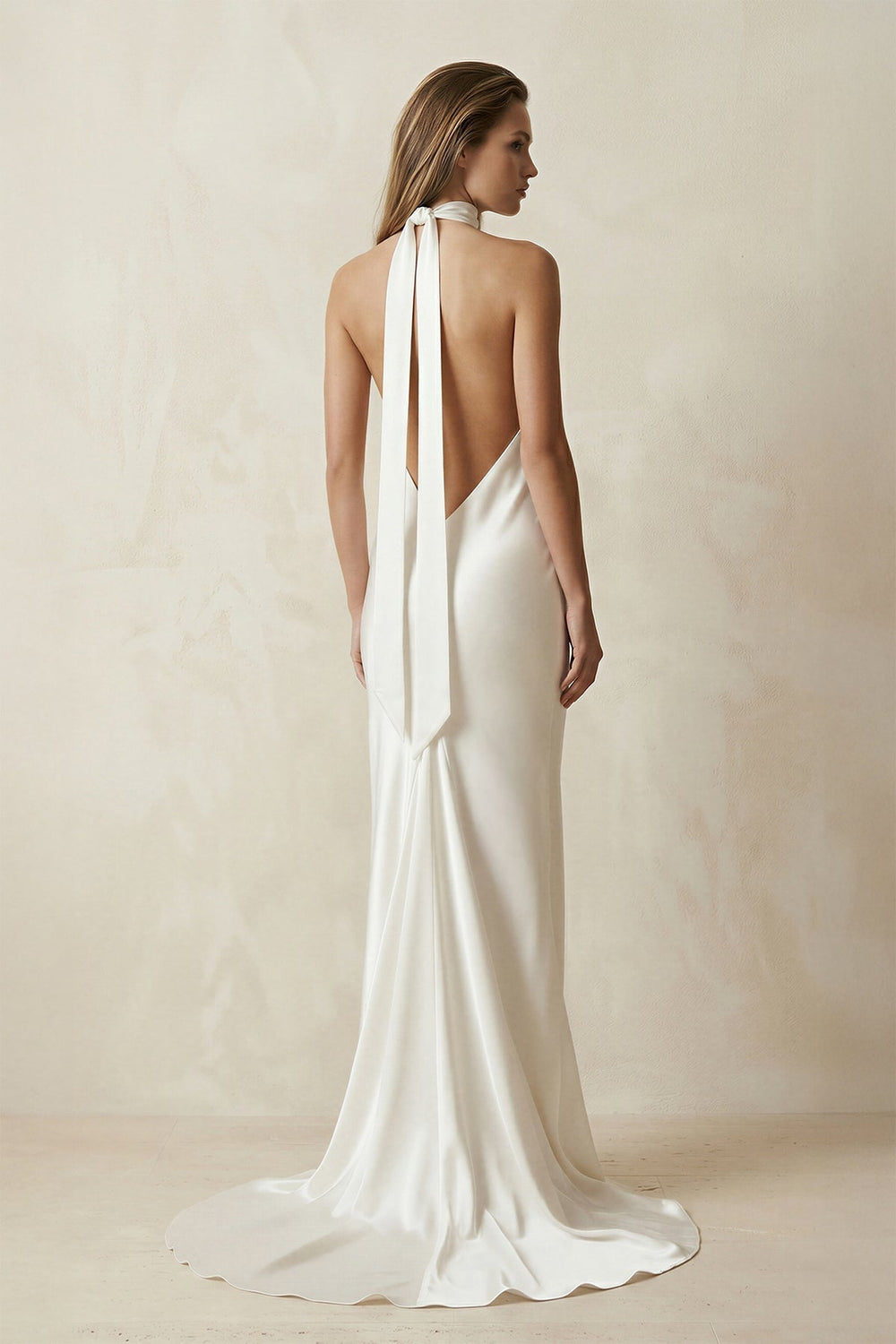 V - Neck Satin Sheath Wedding Dress With Side Slit in Ivory - KISS BRIDAL Wedding Dresses
