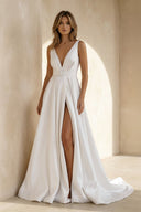 V - Neck Satin Sleeveless Wedding Dress in Ivory - SHE IS ME Wedding Dresses