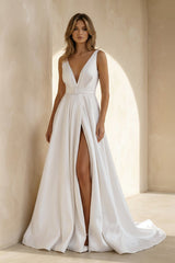 V - Neck Satin Sleeveless Wedding Dress in Ivory - KISS BRIDAL Wedding Dresses