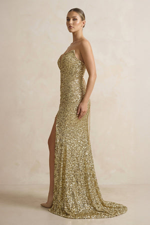 V Neck Sequins Maxi Dress With Slit in Champagne - SHE IS ME Prom Dresses