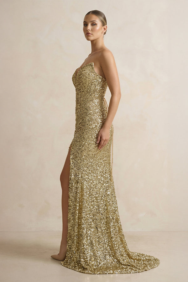 V Neck Sequins Maxi Dress With Slit in Champagne - SHE IS ME Prom Dresses
