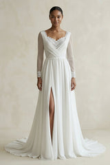 V Neck Sheath Chiffon Long Sleeves Wedding Dress With Slit in White - KISS BRIDAL Wedding Dresses