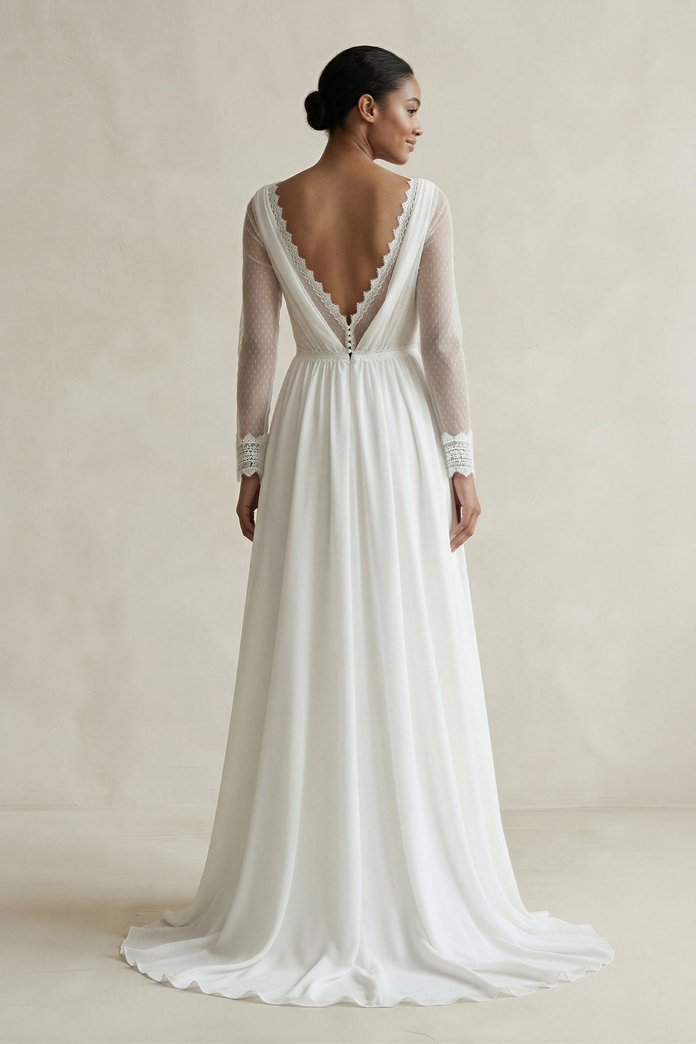 V Neck Sheath Chiffon Long Sleeves Wedding Dress With Slit in White - KISS BRIDAL Wedding Dresses