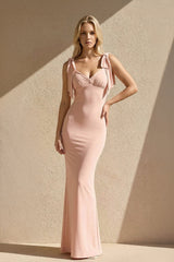 V Neck Sheath Maxi Dress With Bow in Pink - KISS BRIDAL