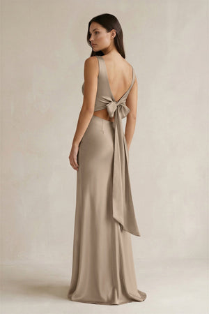 V - neck Sheath Satin Bridesmaid Dress With Back Bow in Almond - KISS BRIDAL Bridesmaid Dresses