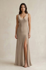 V - neck Sheath Satin Bridesmaid Dress With Back Bow in Almond - KISS BRIDAL Bridesmaid Dresses