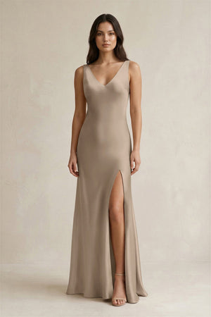 V - neck Sheath Satin Bridesmaid Dress With Back Bow in Almond - KISS BRIDAL Bridesmaid Dresses
