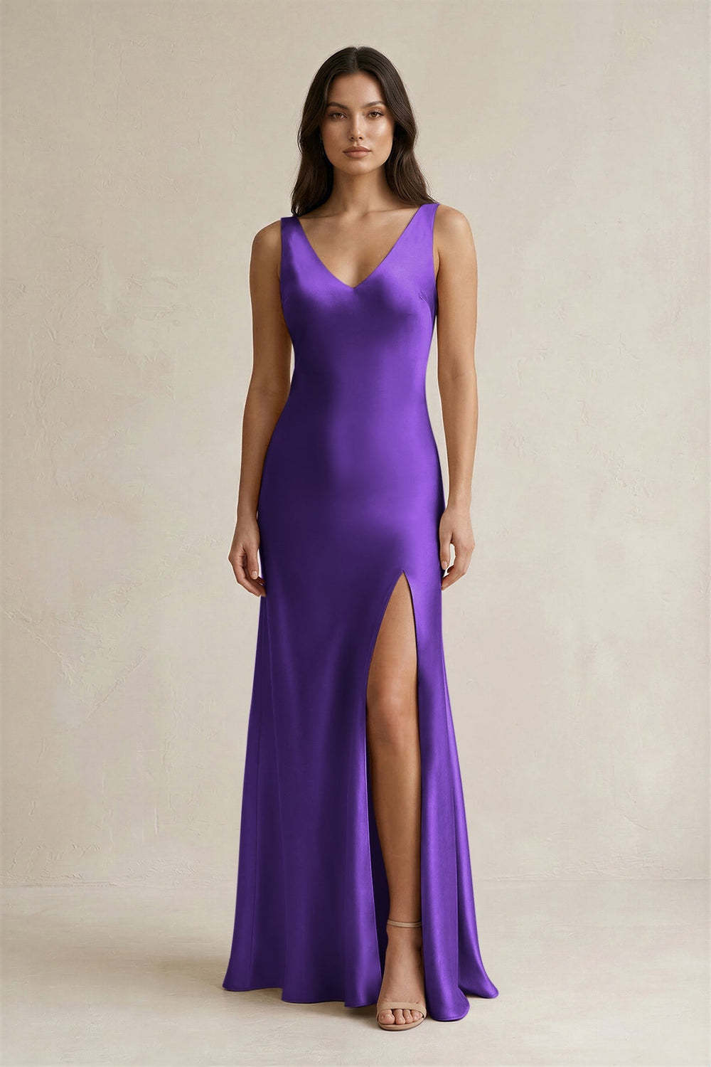 V - neck Sheath Satin Bridesmaid Dress With Back Bow in Amethyst - KISS BRIDAL Bridesmaid Dresses