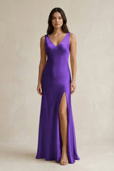V - neck Sheath Satin Bridesmaid Dress With Back Bow in Amethyst - KISS BRIDAL Bridesmaid Dresses