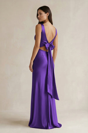 V - neck Sheath Satin Bridesmaid Dress With Back Bow in Amethyst - KISS BRIDAL Bridesmaid Dresses