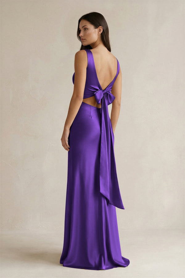 V - neck Sheath Satin Bridesmaid Dress With Back Bow in Amethyst - KISS BRIDAL Bridesmaid Dresses