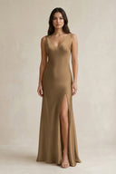 V - neck Sheath Satin Bridesmaid Dress With Back Bow in Apple Cinnamon - KISS BRIDAL Bridesmaid Dresses