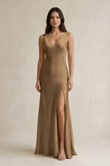 V - neck Sheath Satin Bridesmaid Dress With Back Bow in Apple Cinnamon - KISS BRIDAL Bridesmaid Dresses