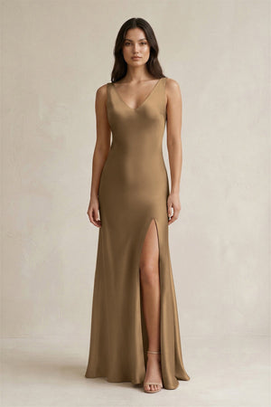 V - neck Sheath Satin Bridesmaid Dress With Back Bow in Apple Cinnamon - KISS BRIDAL Bridesmaid Dresses