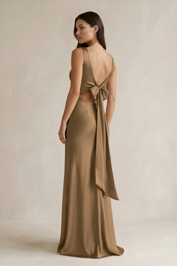 V - neck Sheath Satin Bridesmaid Dress With Back Bow in Apple Cinnamon - KISS BRIDAL Bridesmaid Dresses