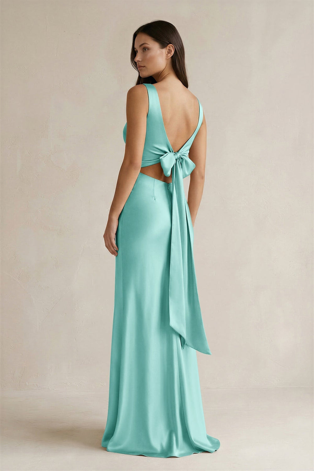 V - neck Sheath Satin Bridesmaid Dress With Back Bow in Aqua - KISS BRIDAL Bridesmaid Dresses