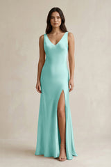 V - neck Sheath Satin Bridesmaid Dress With Back Bow in Aqua - KISS BRIDAL Bridesmaid Dresses