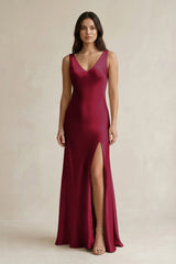 V - neck Sheath Satin Bridesmaid Dress With Back Bow in Berry - KISS BRIDAL Bridesmaid Dresses