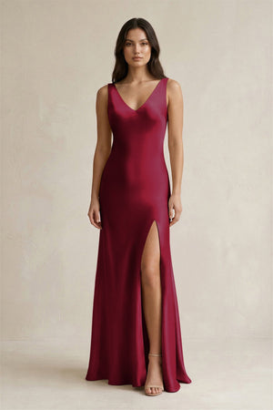 V - neck Sheath Satin Bridesmaid Dress With Back Bow in Berry - KISS BRIDAL Bridesmaid Dresses