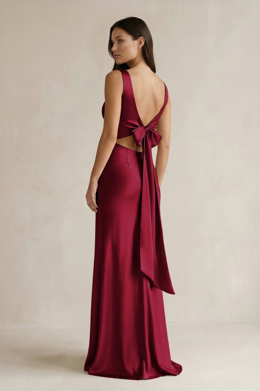 V - neck Sheath Satin Bridesmaid Dress With Back Bow in Berry - KISS BRIDAL Bridesmaid Dresses