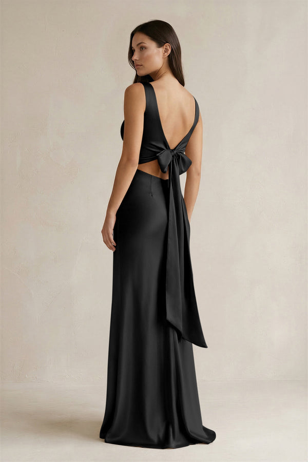 V - neck Sheath Satin Bridesmaid Dress With Back Bow in Black - KISS BRIDAL Bridesmaid Dresses