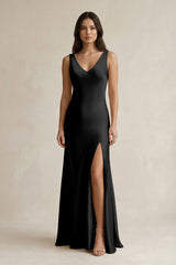 V - neck Sheath Satin Bridesmaid Dress With Back Bow in Black - KISS BRIDAL Bridesmaid Dresses
