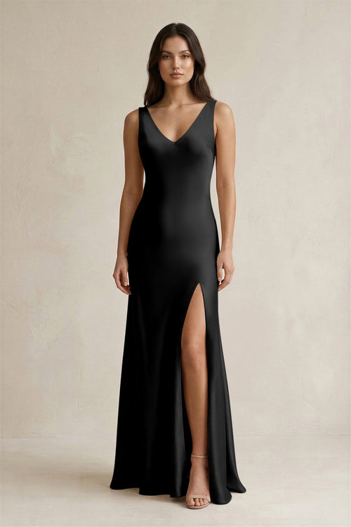 V - neck Sheath Satin Bridesmaid Dress With Back Bow in Black - KISS BRIDAL Bridesmaid Dresses