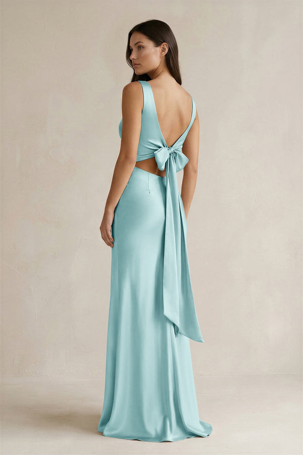 V - neck Sheath Satin Bridesmaid Dress With Back Bow in Bleached Aqua - KISS BRIDAL Bridesmaid Dresses
