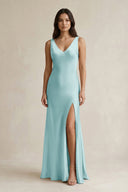 V - neck Sheath Satin Bridesmaid Dress With Back Bow in Bleached Aqua - KISS BRIDAL Bridesmaid Dresses