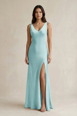 V - neck Sheath Satin Bridesmaid Dress With Back Bow in Bleached Aqua - KISS BRIDAL Bridesmaid Dresses