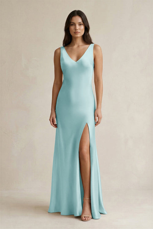 V - neck Sheath Satin Bridesmaid Dress With Back Bow in Bleached Aqua - KISS BRIDAL Bridesmaid Dresses