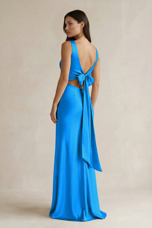 V - neck Sheath Satin Bridesmaid Dress With Back Bow in Blue Jay - KISS BRIDAL Bridesmaid Dresses