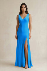 V - neck Sheath Satin Bridesmaid Dress With Back Bow in Blue Jay - KISS BRIDAL Bridesmaid Dresses
