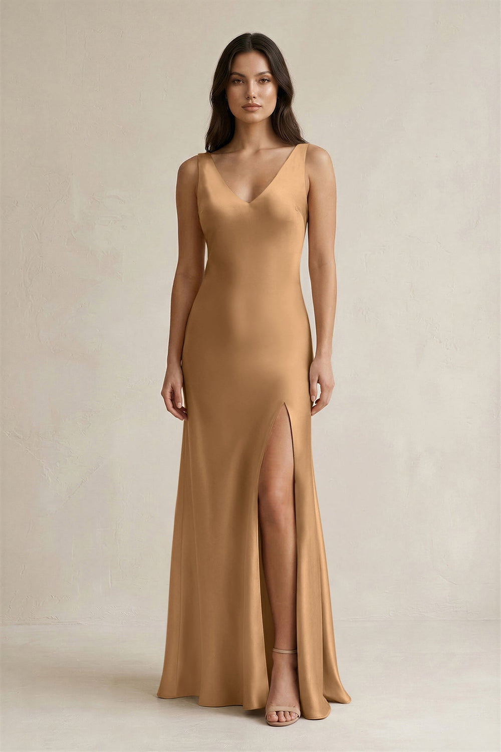 V - neck Sheath Satin Bridesmaid Dress With Back Bow in Bronzer - KISS BRIDAL Bridesmaid Dresses