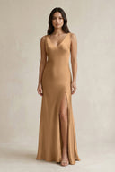 V - neck Sheath Satin Bridesmaid Dress With Back Bow in Bronzer - KISS BRIDAL Bridesmaid Dresses