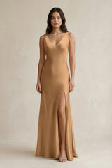 V - neck Sheath Satin Bridesmaid Dress With Back Bow in Bronzer - KISS BRIDAL Bridesmaid Dresses