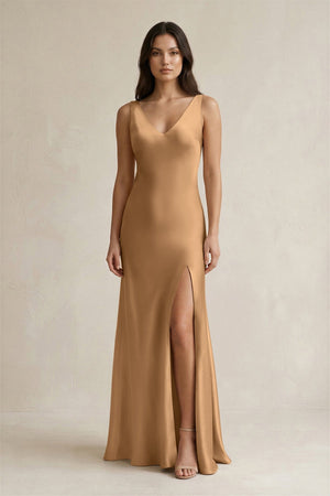V - neck Sheath Satin Bridesmaid Dress With Back Bow in Bronzer - KISS BRIDAL Bridesmaid Dresses