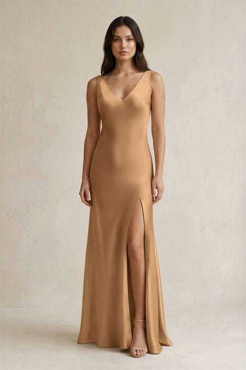 V - neck Sheath Satin Bridesmaid Dress With Back Bow in Bronzer - KISS BRIDAL Bridesmaid Dresses
