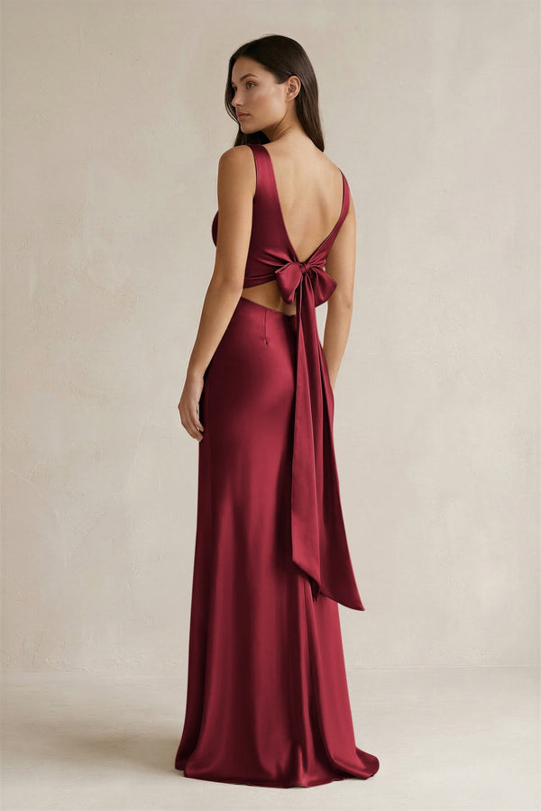 V - neck Sheath Satin Bridesmaid Dress With Back Bow in Burgundy - KISS BRIDAL Bridesmaid Dresses