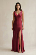 V - neck Sheath Satin Bridesmaid Dress With Back Bow in Burgundy - KISS BRIDAL Bridesmaid Dresses
