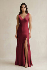 V - neck Sheath Satin Bridesmaid Dress With Back Bow in Burgundy - KISS BRIDAL Bridesmaid Dresses