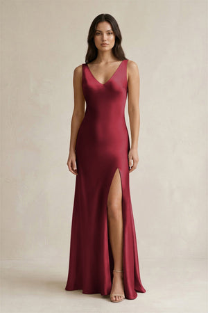 V - neck Sheath Satin Bridesmaid Dress With Back Bow in Burgundy - KISS BRIDAL Bridesmaid Dresses