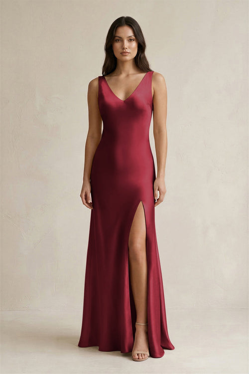 V - neck Sheath Satin Bridesmaid Dress With Back Bow in Burgundy - KISS BRIDAL Bridesmaid Dresses